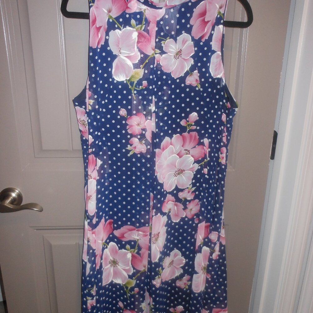 Bobbie Bee Dress, Halter Neck/wBack Tie, Navy Dot/Pink Floral, Size 16
